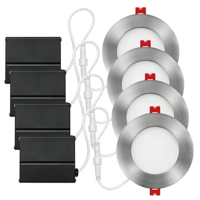 Globe Electric Kit d'Éclairage Encastré Ultra Mince 4 Pouces LED Intégré Lot de 4, 9 Watts, Energy Star, IC, Dimmable, Humide, Inondation Fixe, Finition Nickel Brossé, 91122