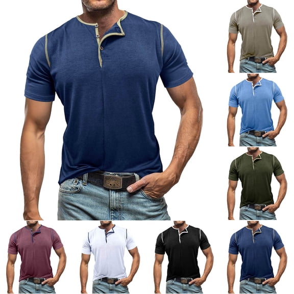 Men's Henley Shirt Basic T Shirt, Moisture Wicking Breathable 3 Button Down Short Sleeve White