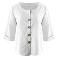 thumbnail image 3 of ManxiVoo Chemise Décontractée pour Femme à Boutons, Col Rond, Coton et Lin, Haut à Manches Longues, Élégant Minimaliste, Tenue de Bureau, Taille TG, Blanc, 3 of 5