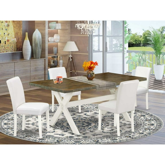 East West Furniture X077AB264-5 5-Piece Modern kitchen table set a Superb Distressed Jacobean Kitchen Table Top and 4 Lovely Pu Leather Parson Dining Chairs with Stylish Chair Back, Linen White Finish