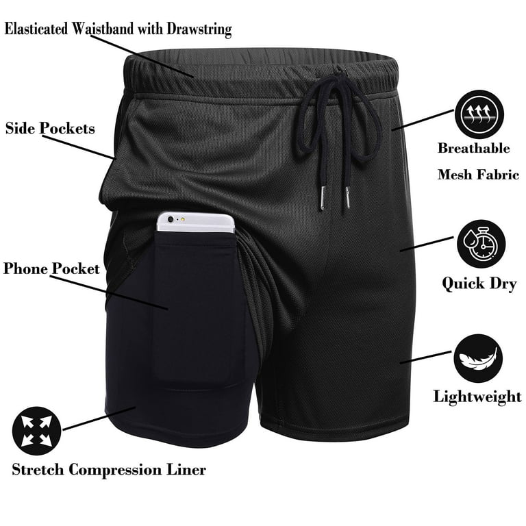 Ilfioreemio Men's 2 in 1 Compression Liner Shorts Workout Running Training  Lightweight Quick Dry Athletic Gym Shorts with Towel Loop 