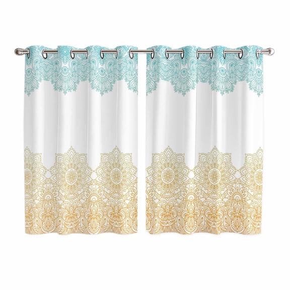 Teal Yellow Boho Kitchen Curtains 72 Inch Length, Vintage Ethnic Tribe Abstract Art Grommet Top Bedroom Living Room Curtains, Light Filtering Cafe Curtain Drapes 2 Panels Set 104''x72''