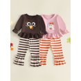 thumbnail image 3 of RUINIXCW Toddler Baby Girl Thanksgiving Halloween Outfit Infant Baby Girls Fall Clothes Turkey Ghost Embroidery Long Sleeve Ruffled Shirt Tops and Striped Bell Bottoms 2 Pcs Set, 3 of 9