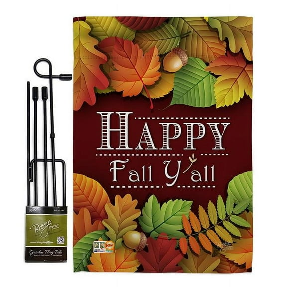 Breeze Decor BD-HA-GS-113005-IP-BO-D-US15-BD 13 x 18.5 in. Happy Fall Y All Harvest & Autumn Vertical Double Sided Mini Garden Flag Set with Banner Pole