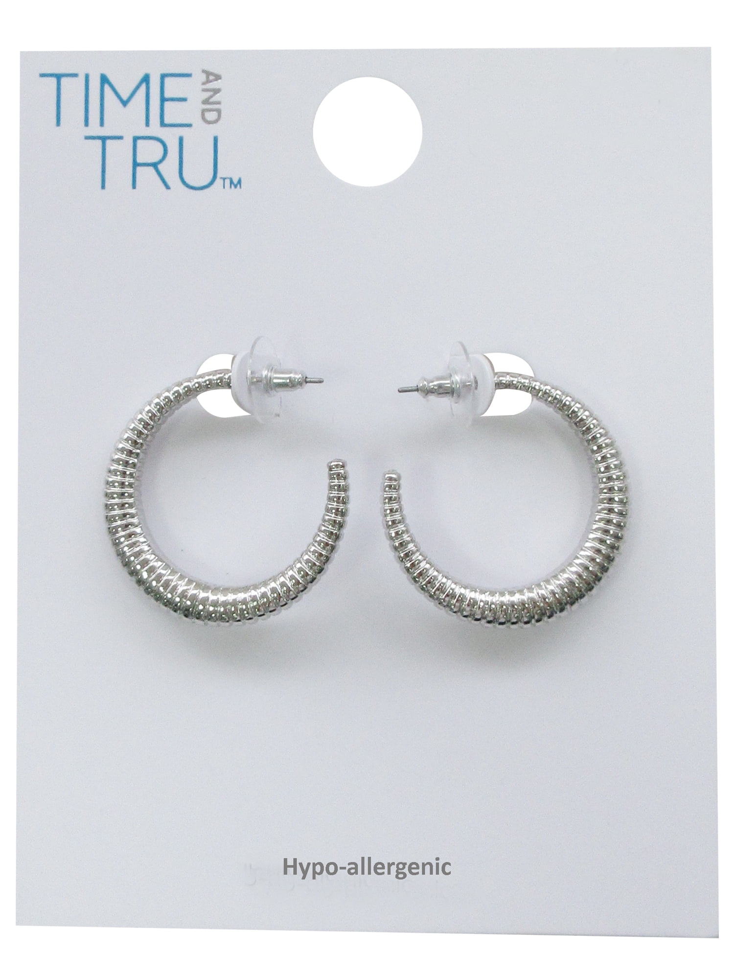 Time and Tru Women's Silver Plated C-Textured Hoop Earrings, 1 Pair