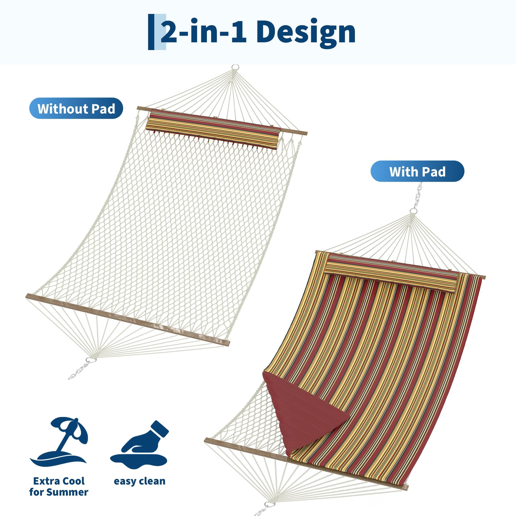 12FT Hammocks 2 Person, Double Quilted Fabric Outdoor Hammock with Spreader Bar, Large Removable Pillow, Storage Pockets, Carabiners, 450 Lbs Capacity, for Hiking, Beach, Red Yellow Striped