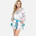 thumbnail image 3 of Lounge Women's Holiday Bow Print Pajama Set with Ribbon Tie Details and Button-Up Top - Large, Blue, 3 of 7