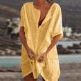 thumbnail image 4 of Beach Mini Dress with Pockets Cover Ups Women Short Sleeve Linen Button Up Shirt Dress Swimwear Coverups Dress, Yellow XL, 4 of 5