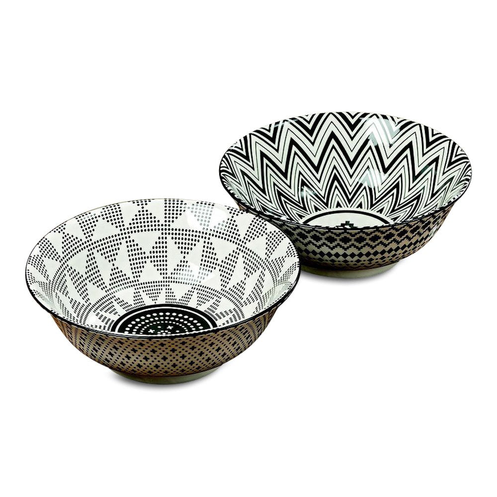 6 Inch Diameter 3 of Each Style Porcelain 20 Fluid Ounces Set of 6 Black and White Dots and Stripe Pattern From the Global Chic Collection Summertime Ikat Bowls Footed Base 