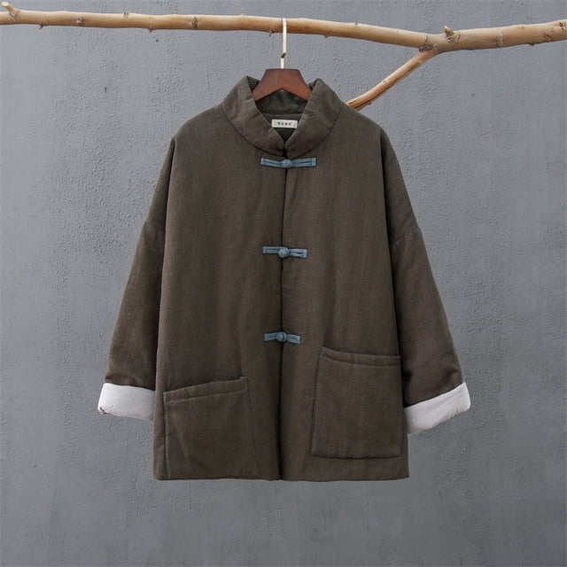 Chaqueta corta de algodón y lino con cuello alto y hebilla de color sólido retro para mujer, chaqueta de algodón cálida para mujer