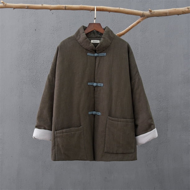 Chaqueta corta de algodón y lino con cuello alto y hebilla de color sólido retro para mujer, chaqueta de algodón cálida para mujer