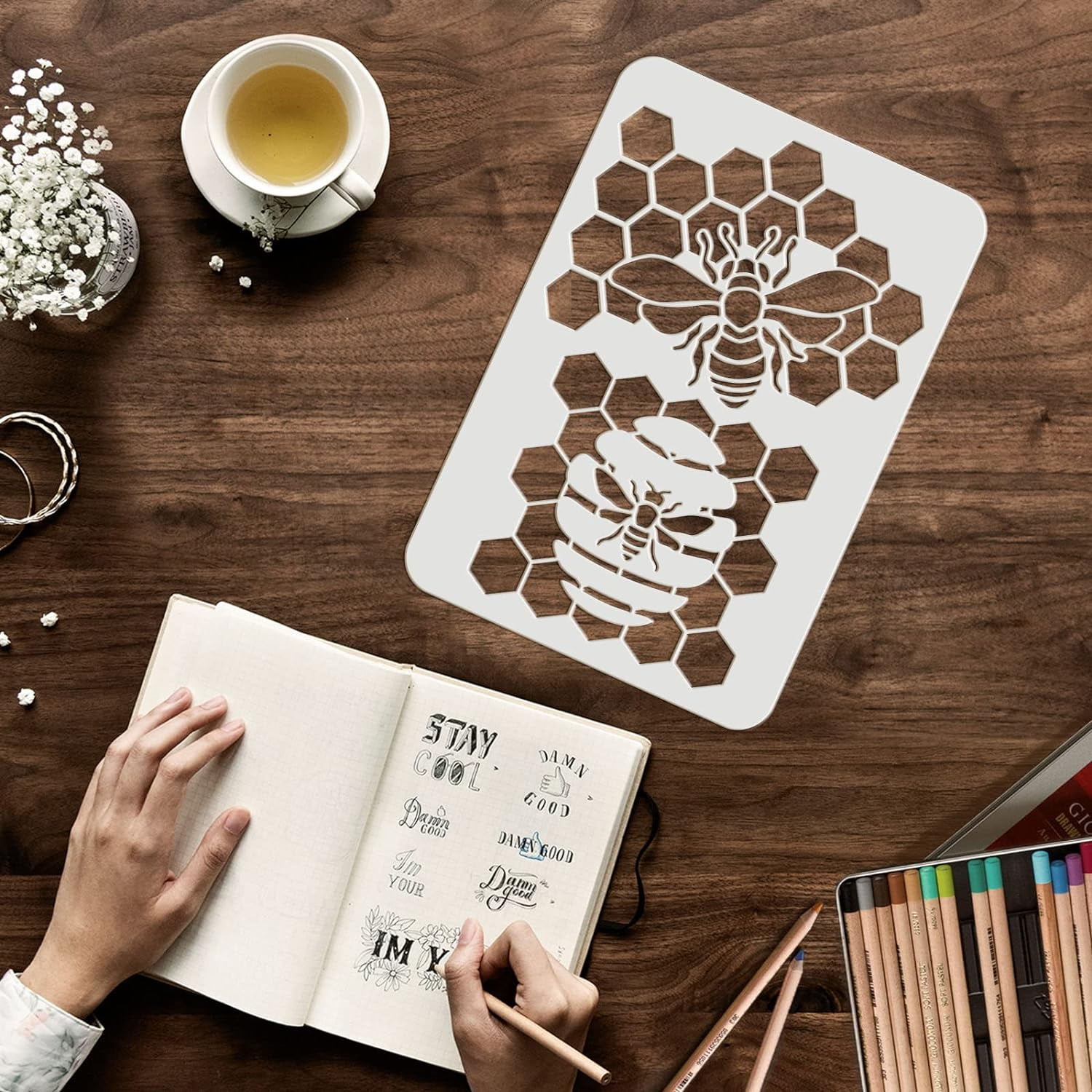 Tenare 12 Pcs Honeycomb Bee Stencils | 6x6 Inch Reusable Mylar Templates For DIY Crafts On Wood, Walls, Fabric