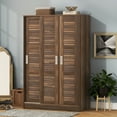 thumbnail image 2 of Modern 3-Door Shutter Wardrobe with Shelves and Hanging Rod, Wardrobe Armoire Closet, Clothes Storage Cabinet Organizer for Small Spaces, Guest Room, Walnut, 2 of 6