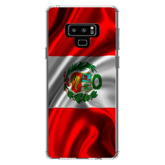 DistinctInk Clear Shockproof Hybrid Case for Samsung Galaxy Note 9 - TPU Bumper, Acrylic Back, Tempered Glass Screen Protector - Peru Waving Flag - Peru