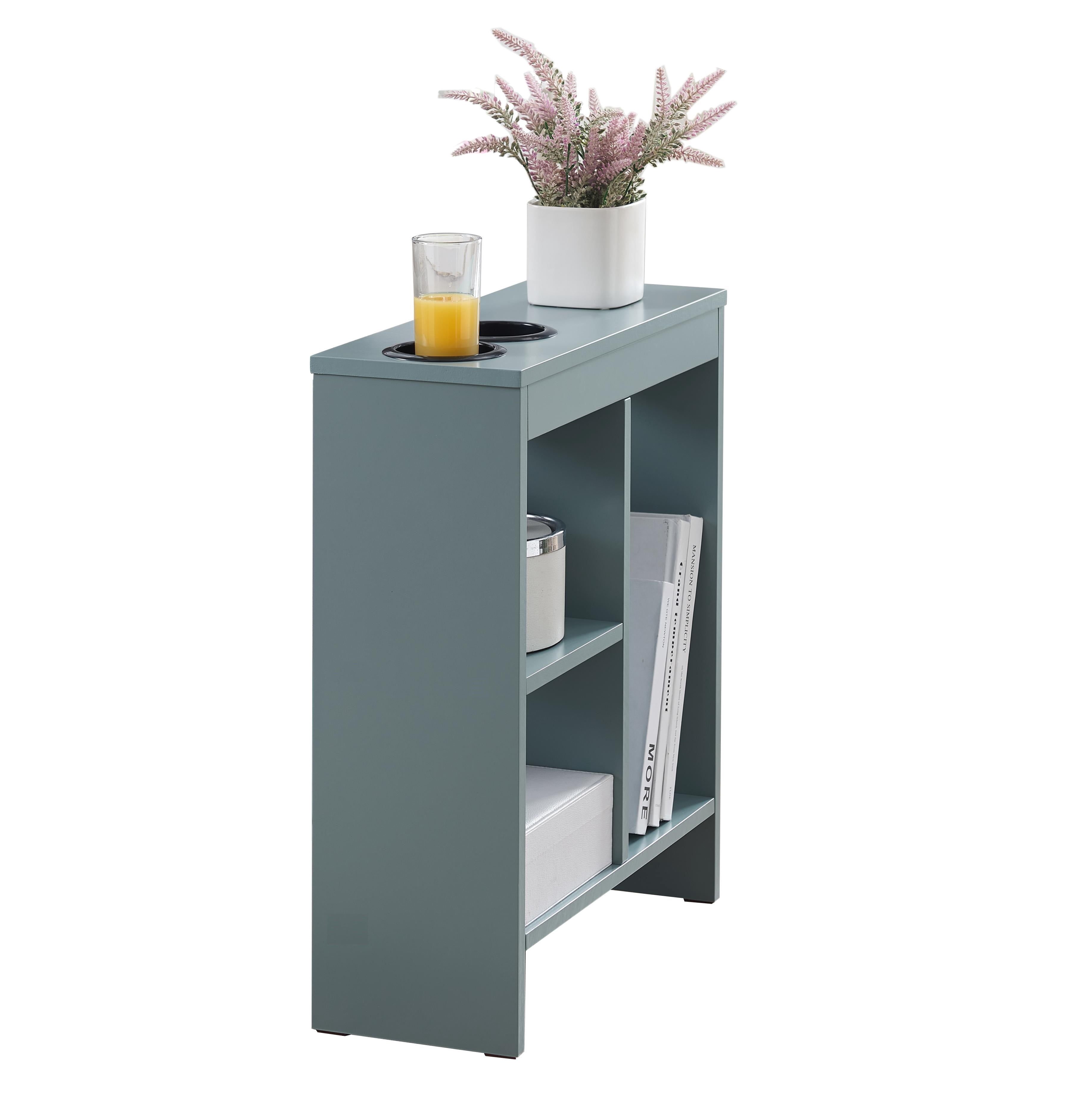 Kings Brand Furniture Narrow Side End Table with Drink Holders & Storage Shelves, Slim Sofa Table with Magazine Holder for Living Room, Bedroom, or Office – Ice Blue