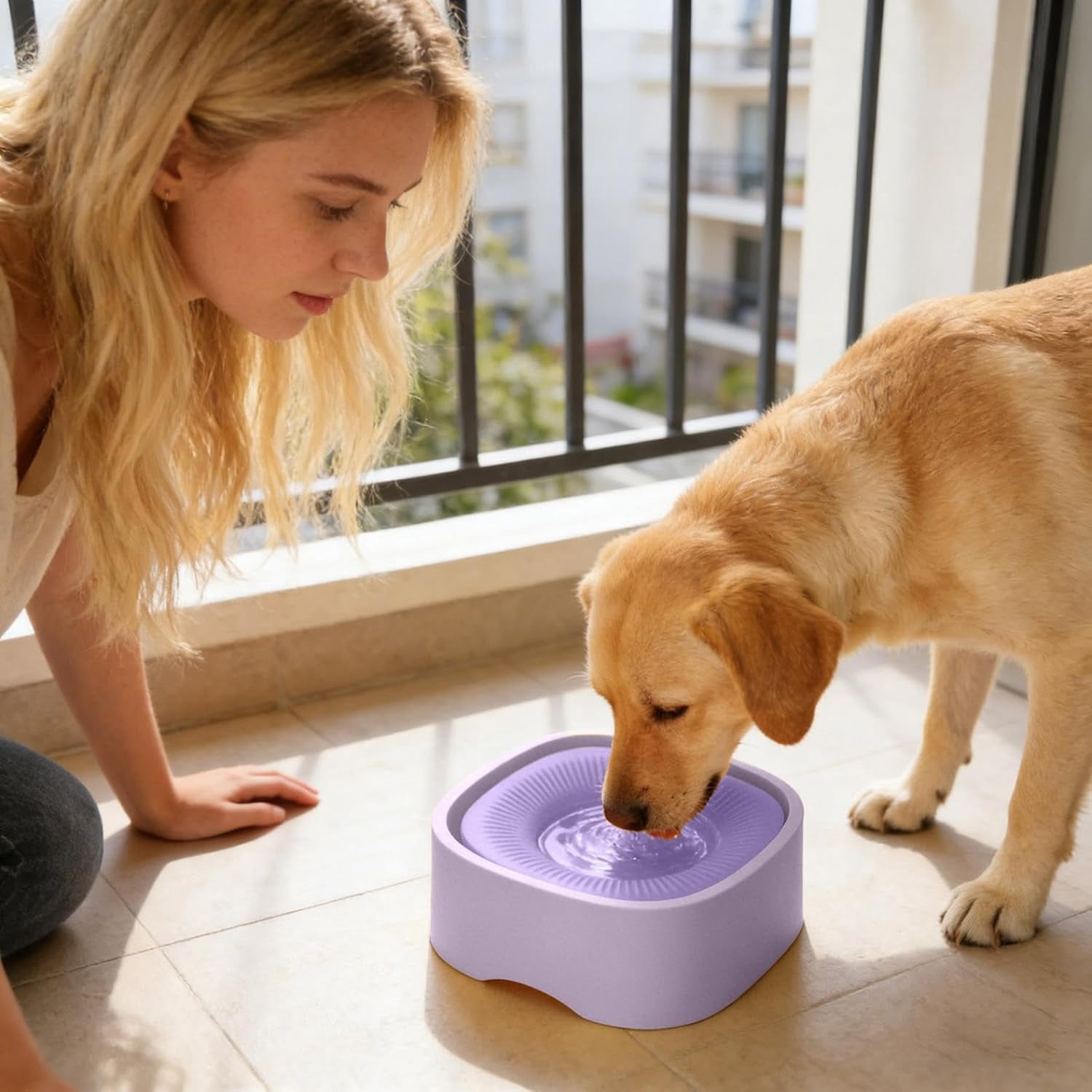 Dog and Cat Water Bowl, Slow-Feed Design with Raised Center and Base Pad