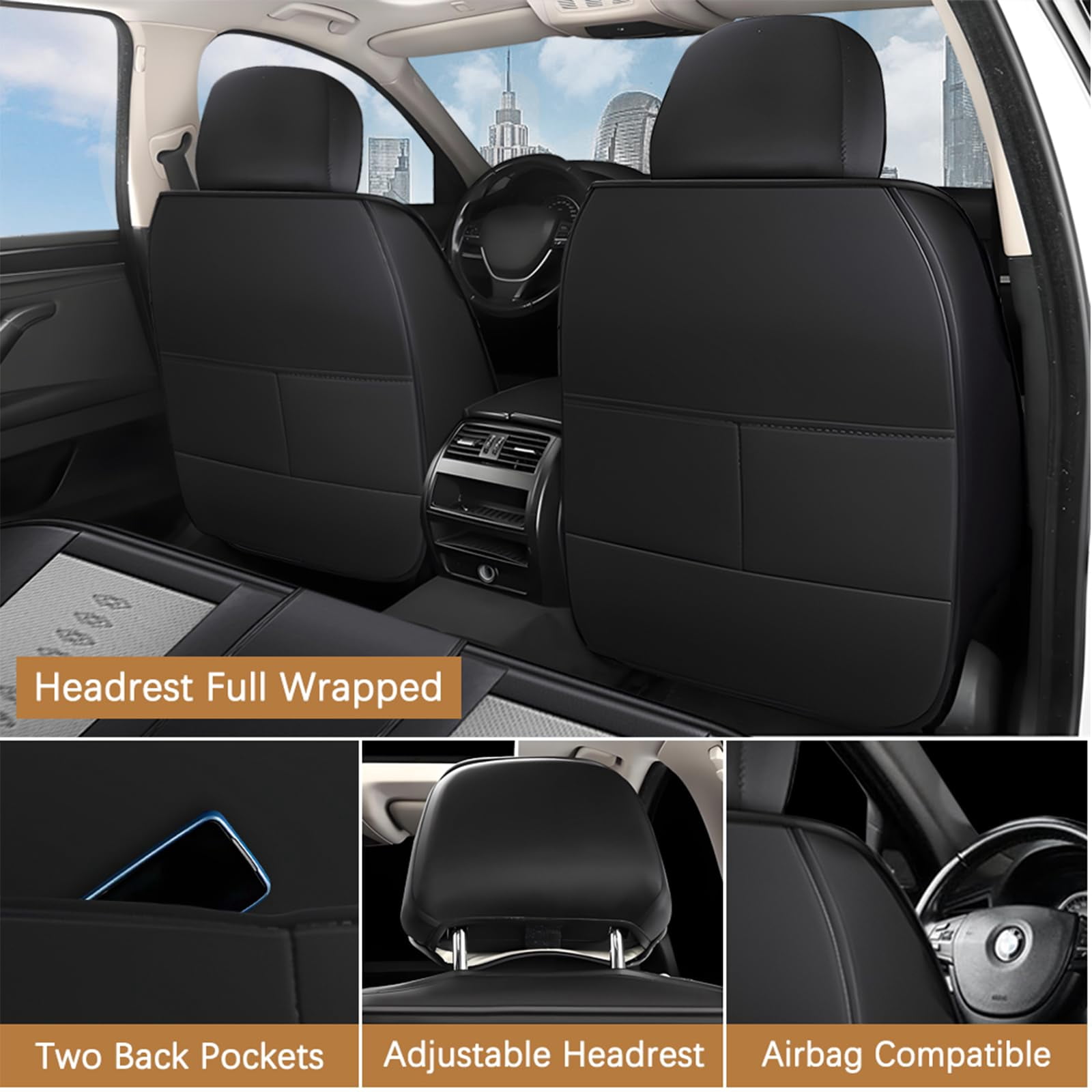 Leather Seat Covers for Hyundai Most 98% Cars SUVs,Premium Car Seat Covers Front Set,Waterproof Car Seat Protectors with Airbag,Comfort Interior Cover Seats for Cars(Black+Grey)