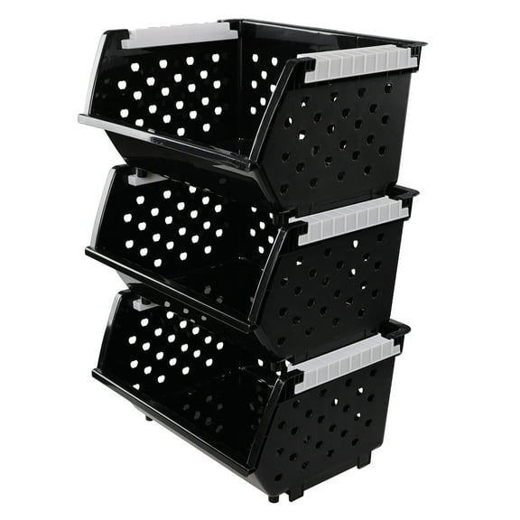 Vababa 3 Pack Plastic Stacking Storage Basket, Stackable Bin Organizers, Black