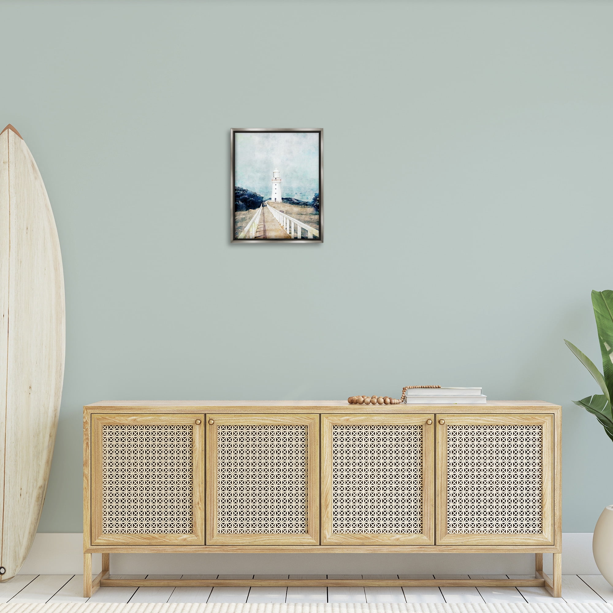 Stupell Industries White Lighthouse & Rustic Boardwalk Nature Painting Gray Floater Framed Canvas Art Print Wall Art, 17 x 21