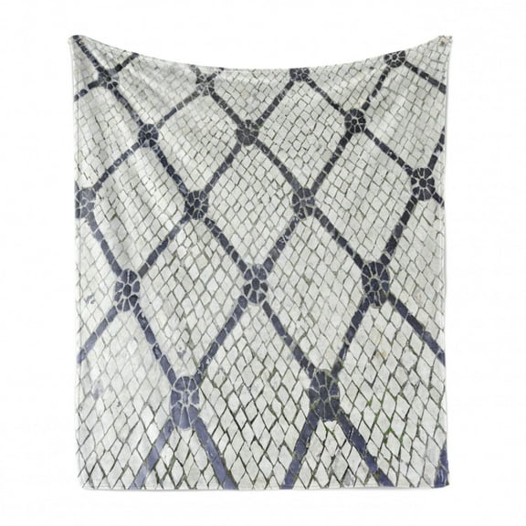 Cobblestone Soft Flannel Fleece Throw Blanket, Urban City Traditional Blurred Portuguese Pavement in Lisbon, Cozy Plush for Indoor and Outdoor Use, 70" x 90", Charcoal Grey Off White, by Ambesonne