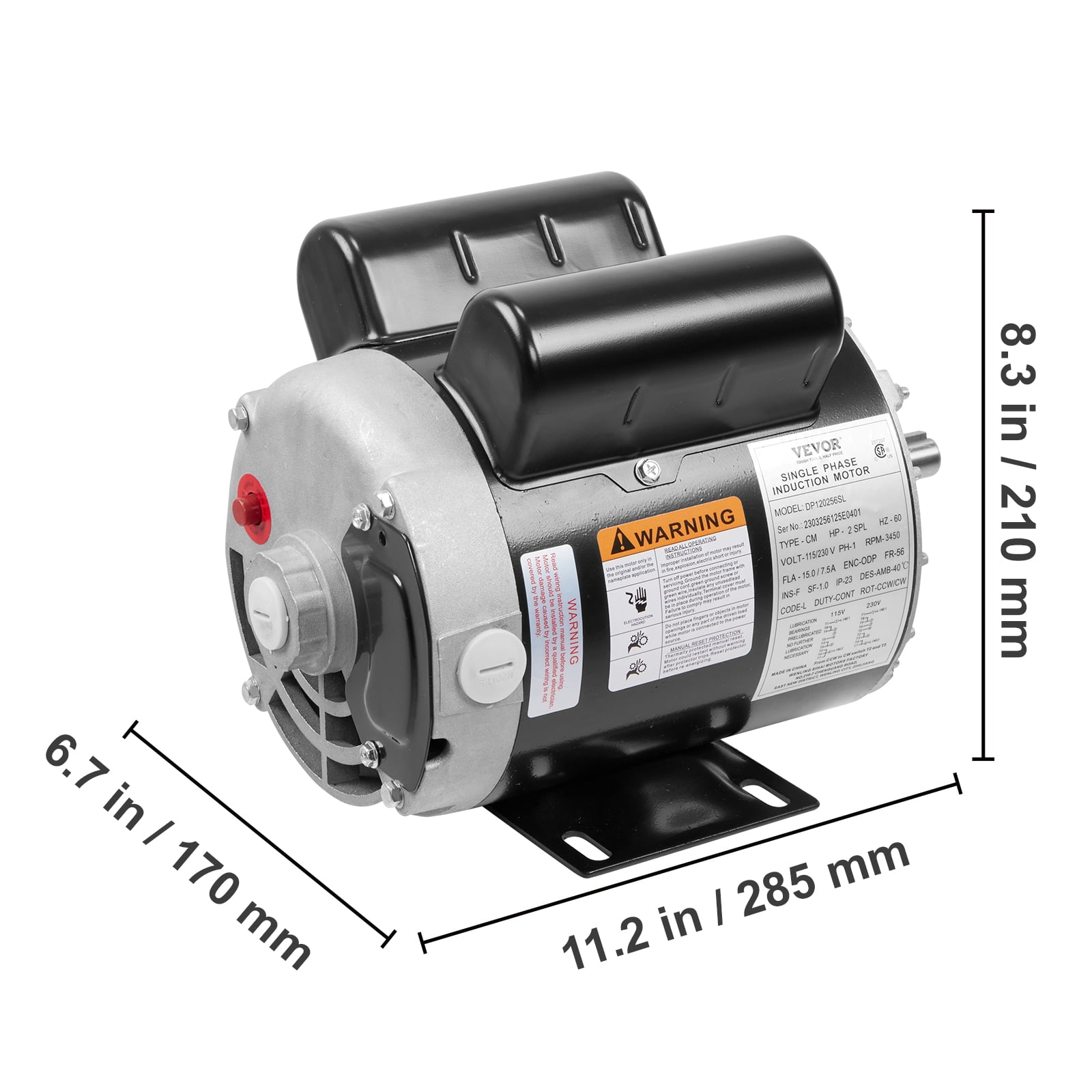 BENTISM 2HP SPL Air Compressor Electric Motor, 115/230V, 15/7.5Amps, 56 Frame 3450RPM, 5/8" Keyed Shaft, CW/CCW Rotation, 1.88" Shaft Length for Air Compressors Has Obtained CSA Certification