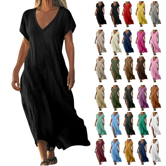 Summer Fashion Plus Size Dresses for Women Solid Color Cotton Linen Short Sleeved V-neck