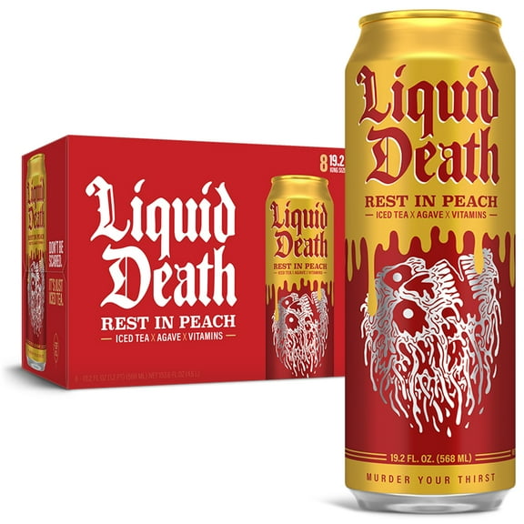 Liquid Death, Rest in Peach Iced Tea, 8-Pack (19.2oz Cans), Peach Flavored Back Tea, Low Calorie, No Artificial Sweeteners, B12 & B6 Vitamins