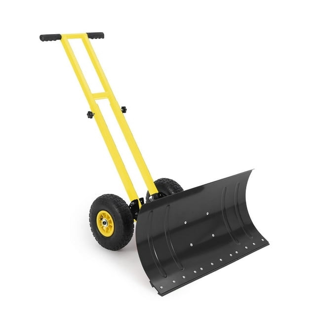 Pelle à Neige de 29 Pouces avec Roues, Pelle Pousse-Neige en Métal pour Entrée et Trottoir, Pousse-Neige avec Angle et Hauteur Réglables à 5 Positions