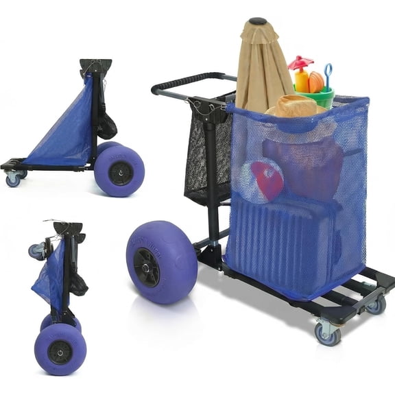 Beach Cart for Sand with Balloon Wheels & 12" Sand Tires Adjustable Handle, Large Capacity Cart with Storage Pockets, Straps & Beach Chair Hooks,Maximum Weight Capacity 220 lbs