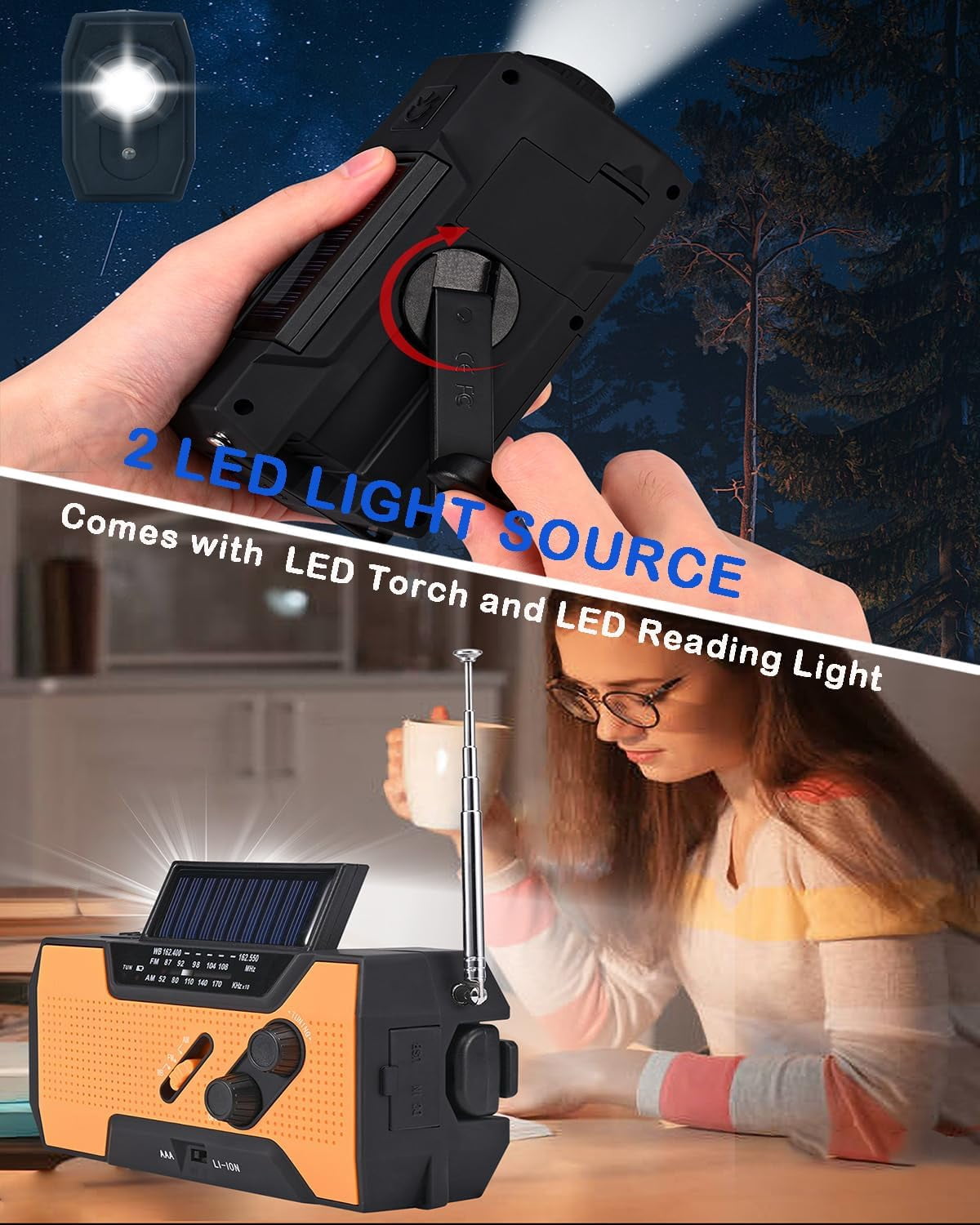 Emergency Weather Radio, 5000mAh Solar Hand Crank USB Charging Portable AM/FM/NOAA Radio, SOS Alarm & Flashlight for Indoor/Outdoor Emergencies