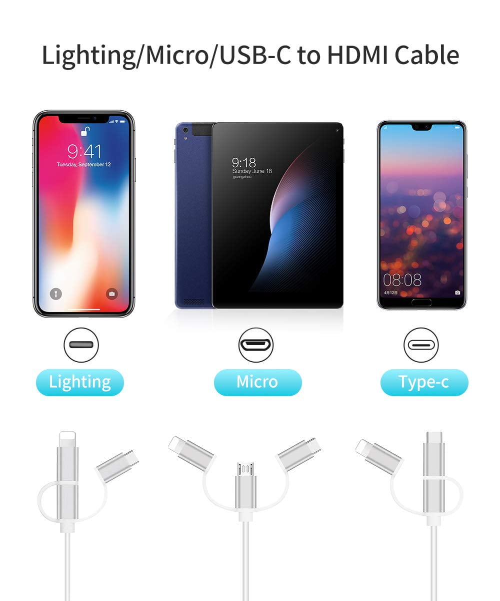 3 in 1 USB Type-C/OS/Micro USB to HDMI Cable,Hdiwousp Phone to HDMI Cable with Bluetooth Connection,1080P Charging & Mirroring Mobile Phone Screen Compatible with OS/Android Devices