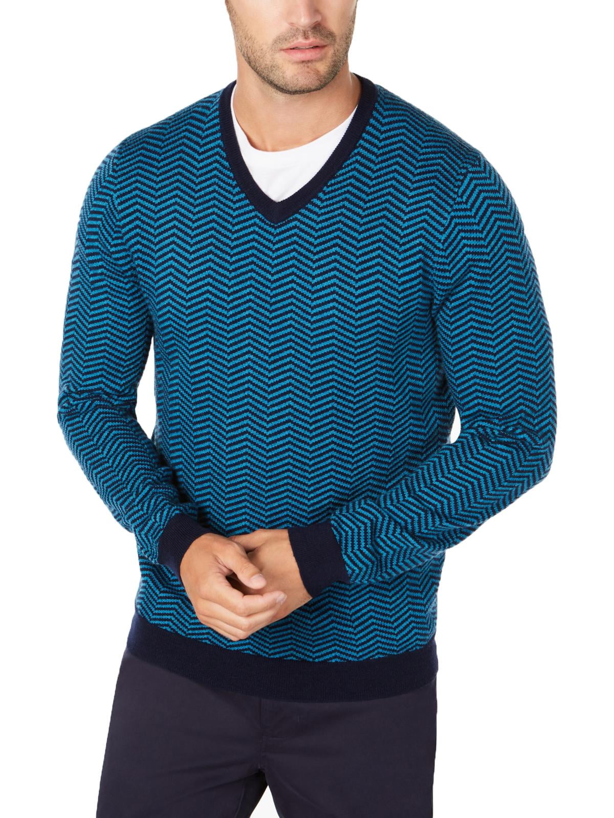Tasso Elba Mens Merino Wool Blend Herringbone V-Neck Sweater Blue XXL ...