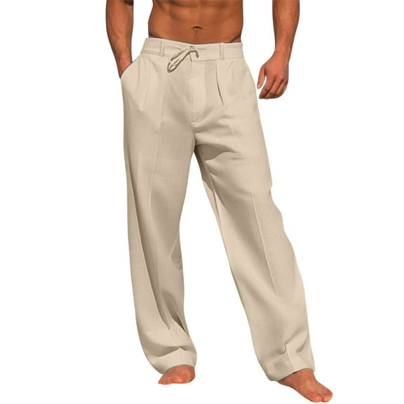 kpoplk Men's Summer Loose Casual Linen Long Trousers with Pockets Elastic Waist(Beige,XXL)