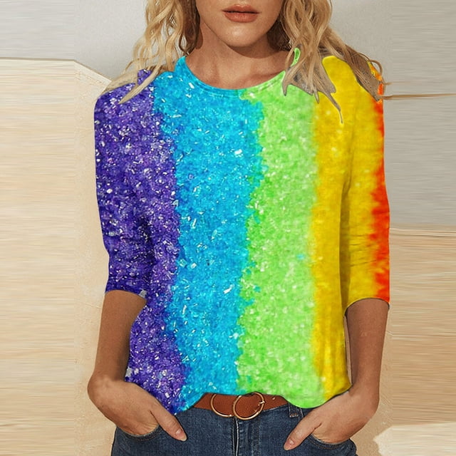 T-shirt Décontracté pour Femmes à Col Rond, Imprimé Coloré de Carnaval, Manches Trois Quarts, Haut, Lot de 3, T-Shirt Rayé à Manches Courtes, Hauts d'Été pour Femmes, Décontracté, T-Shirt de Compression pour Femmes, T-Shirts à Manches Longues