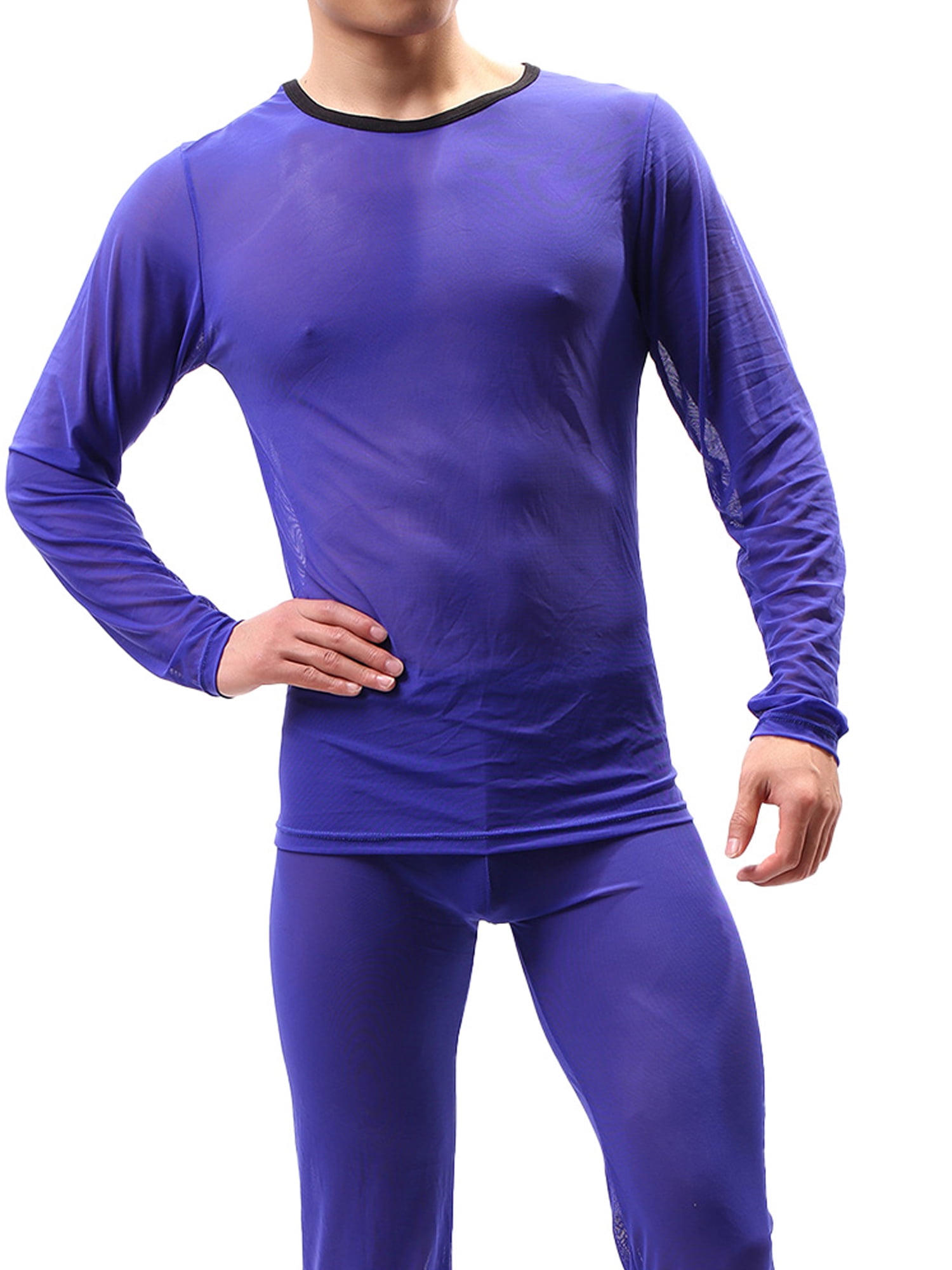 KAMAMEN Men's Sexy Mesh Sheer See Through Underwear T Shirt Tops Long Sleeve Performance Muscle