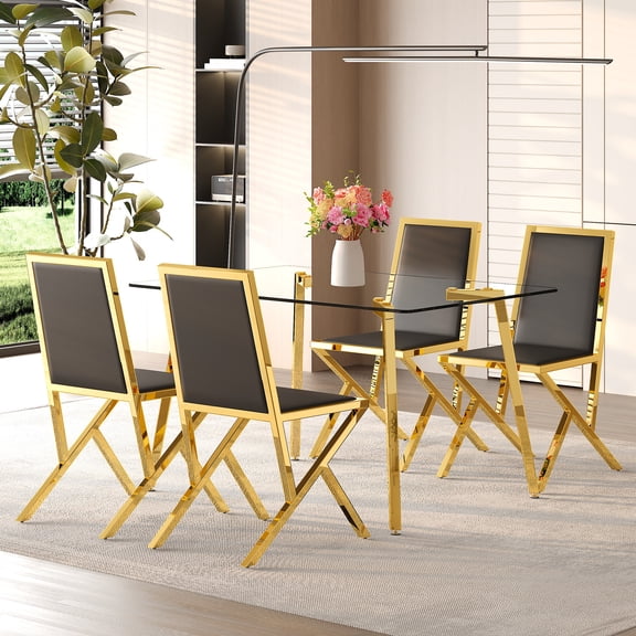 Dining Set, 51 x 31.5 Inch Tempered Glass Dining Table with 4 Black PU Leather Chairs, Gold Metal Legs, Modern Light Luxury Kitchen and Dining Room Furniture, Transparent and Black