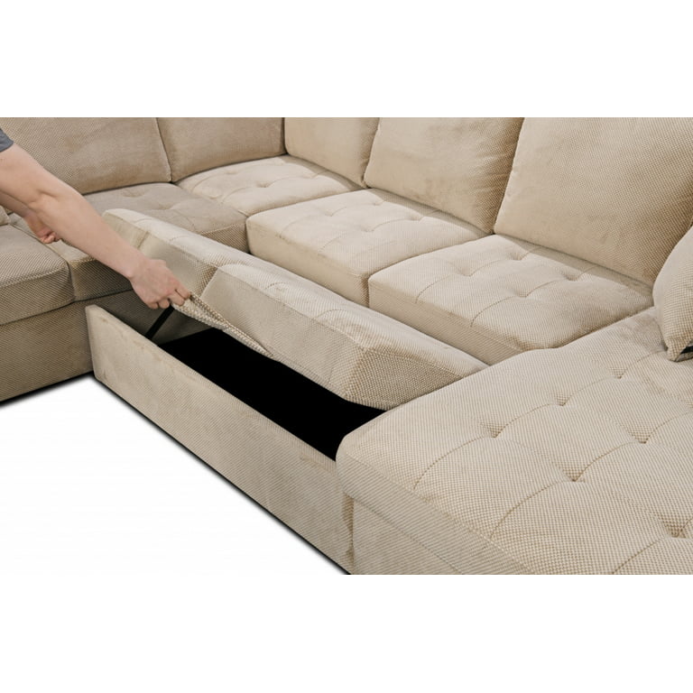 123" Sectional Sofa with Storage Chaise and Pull-out Seating, Oversized Futon Couch Sleeper with 4 Throw Pillows Cushion Backs for Room, Apartment, Beige - Walmart.com