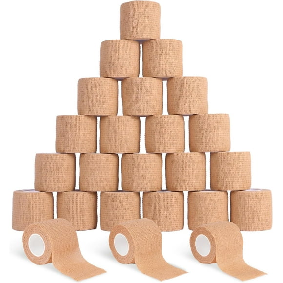 24 Pack Self Adhesive Bandage Wrap 2" x 5 Yards Athletic Tape Vet Wrap Tattoo Supplies Coban Wrap Medical Supplies Elastic Cohesive Bandage Wrist Ankle Sports Tape (Beige) Beige Large
