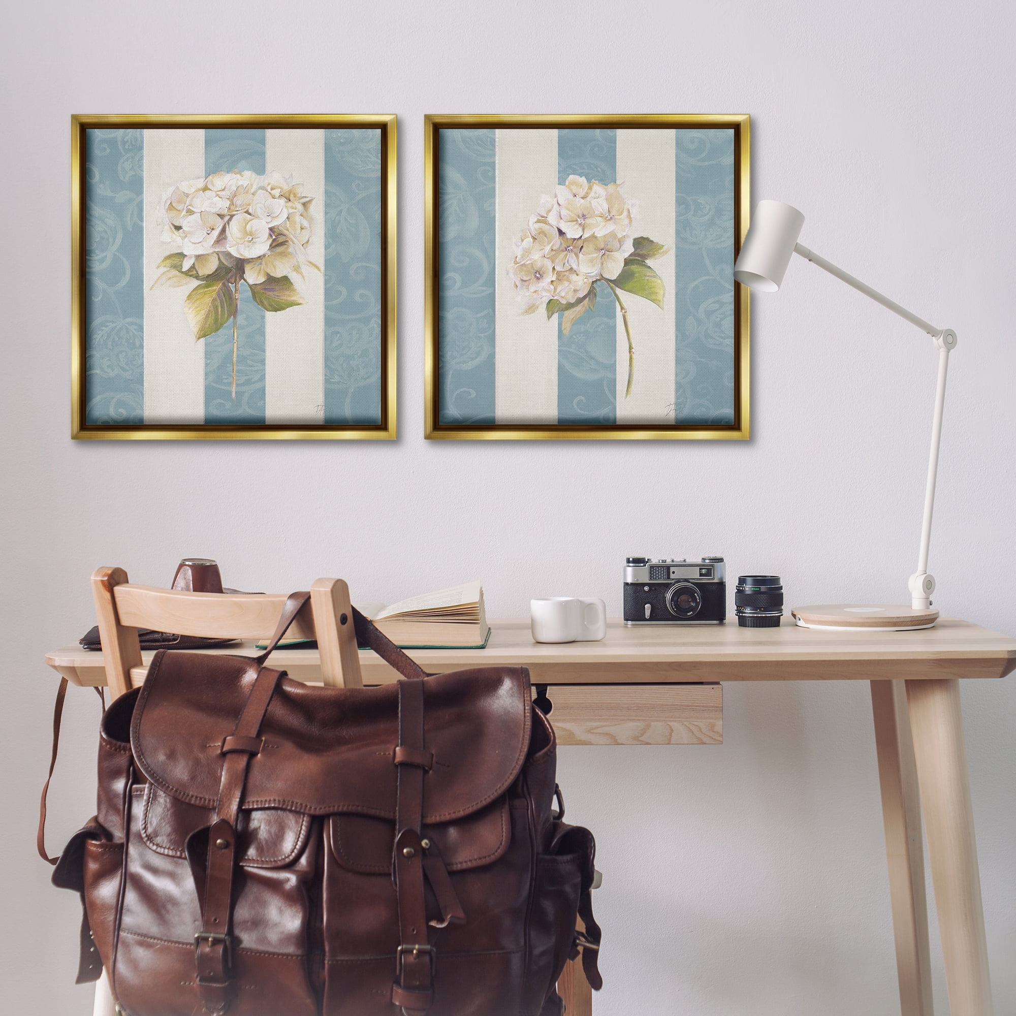 Stupell Industries Hydrangeas on Blue Strips Floral & Botanical Painting Gold Floater Framed Canvas Art Print Wall Art, 25 x 25, Set of 2