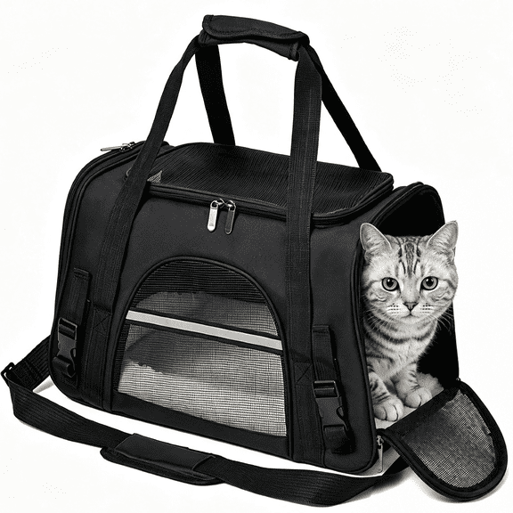 Cat Dog Carrier Soft-Sided Pet Carrier for Cats and Small Dogs up to 16 lbs, Collapsible Travel Carrier with Mesh Windows, Shoulder Strap and Removable Mat, Black