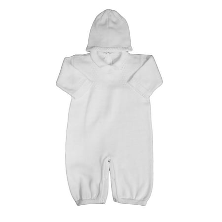 

Christening Day Boys White Cotton Knit Longall w/ White Blue or Gold Cross and Hat