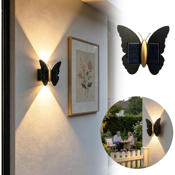 Waterproof Solar Wall Lights Outdoor, Butterfly Design LED Sconce with Up & Down Lighting, IP65 Solar Powered Lights for Garden, Balcony, Hallway, Yard Decor(White)