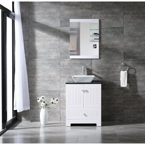 Wonline 24" White Bathroom Glass Top Standard Vanity Cabinet and Mirror Vanity Set Cabinet Only