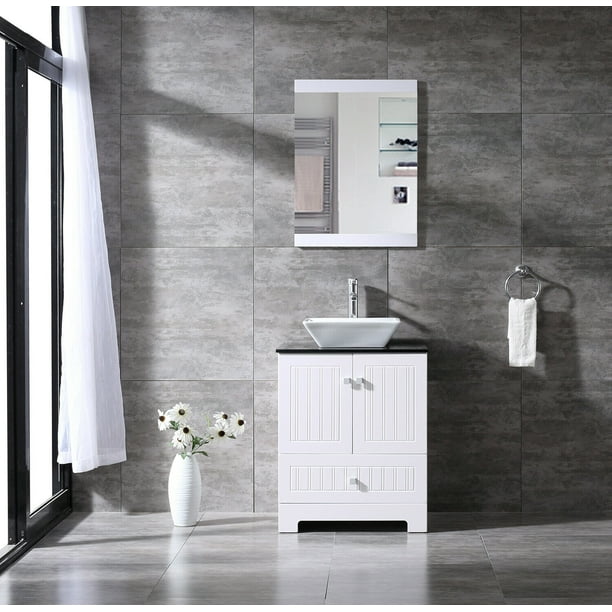 W 24 White Bathroom Glass Top, Bathroom Vanity Cabinet Only 24