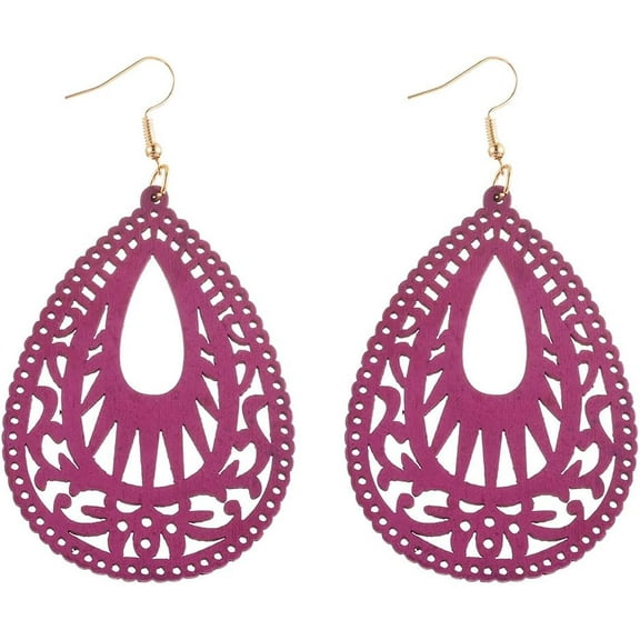 Bohemian Wood Teardrop Earrings Vintage Natural Wooden African Geometric Hollow Earrings Boho Ethnic Jewelry