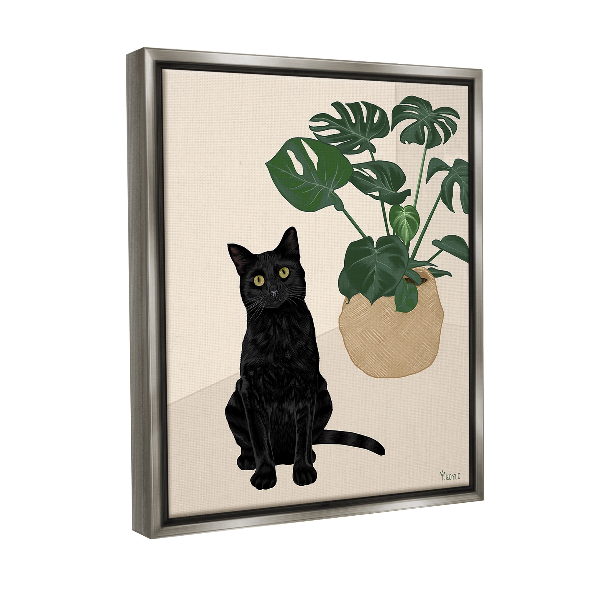 Stupell Industries Black Cat & Monstera Plant Animals & Insects Painting Gray Floater Framed Canvas Art Print Wall Art, 25 x 31