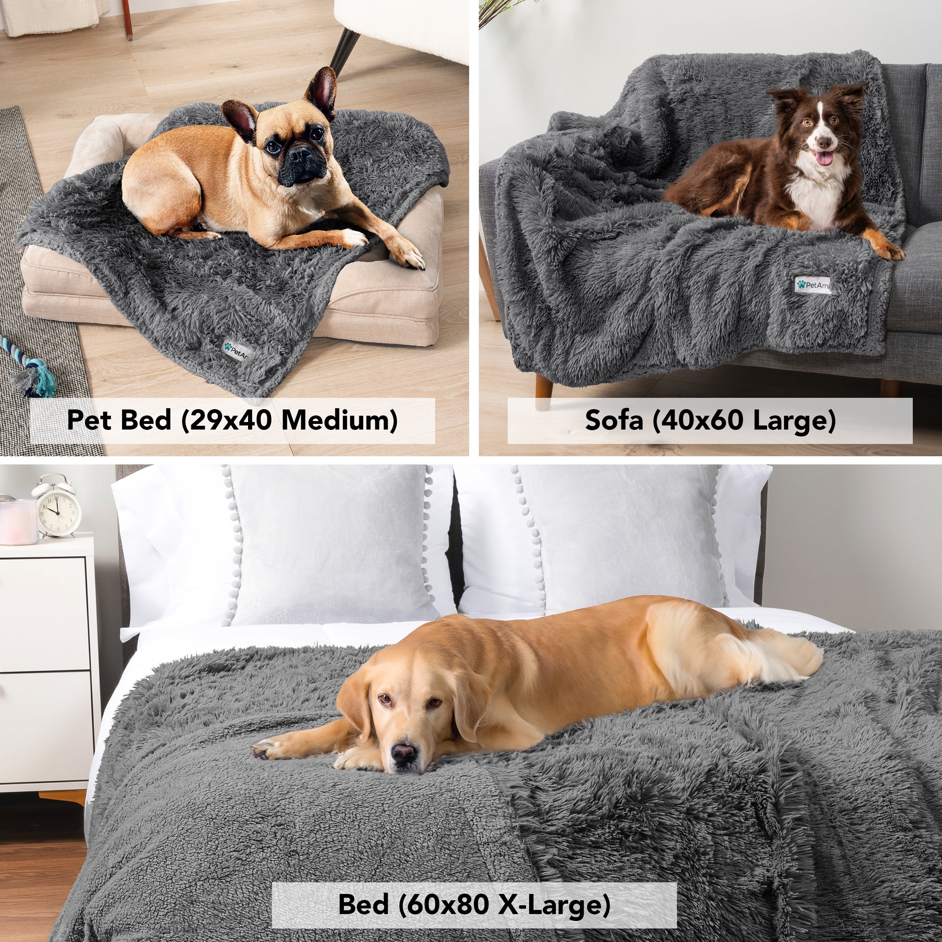 PetAmi WATERPROOF Dog Blanket For Large Dog, Calming Pet Blanket Bed Couch Cover Protector, Washable Sherpa Faux Fur Throw for Sofa Furniture Protection, Soft Fluffy 60x80 Gray