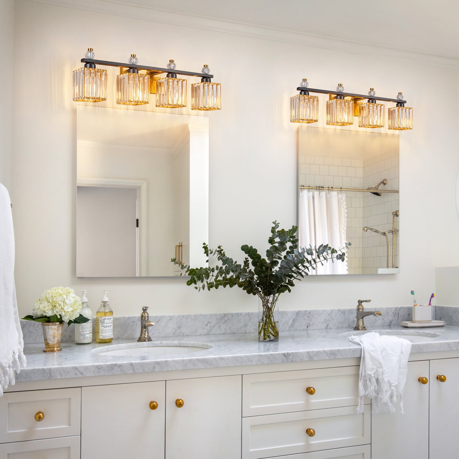 Deyidn Vanity Lights 4-Light Modern Crystal Vanity Light Black Gold Bathroom Light Fixtures Over Mirror Crystal Bathroom Vanity Lighting Fixtures