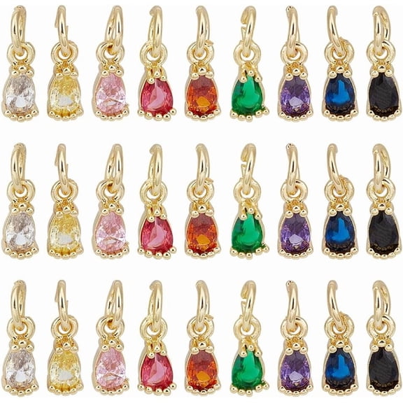 27 Pcs Real 18k Gold Plated Birthstone Charms 9 Colors Mini Cubic Zirconia Jewelry Making Charms Teardrop Birthstone Pendants with Jump Hooks for DIY Necklace Bracelet Earring Craft 8x3mm Colorful