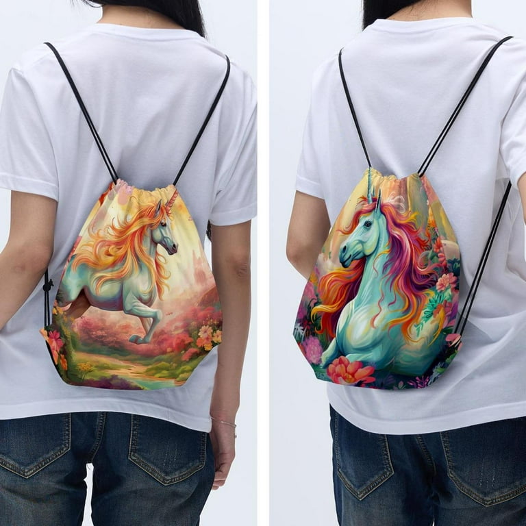 2 Pack Drawstring Bag Unicorn Draw String Backpack for Kids Sport Hiking Travel Beach Cinch Sackpack